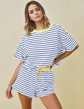 MISSACTIVER Womens Lounge 2 Piece Sets Summer Striped Matching Pajamas Set Short Sleeve Oversized... | Amazon (US)