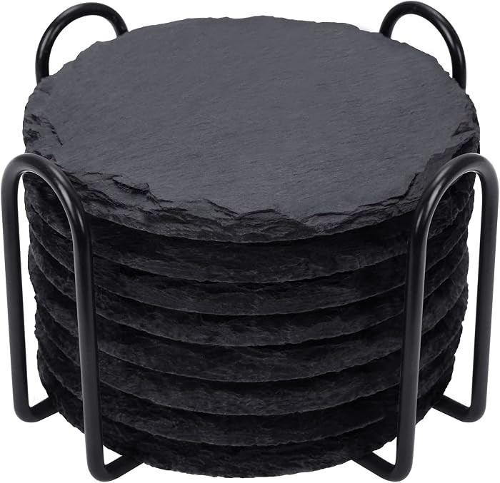 Slate Drink Coasters with Metal Holder, GOH DODD Set of 8 Black Coasters, 4 Inch Stone Coaster Se... | Amazon (US)