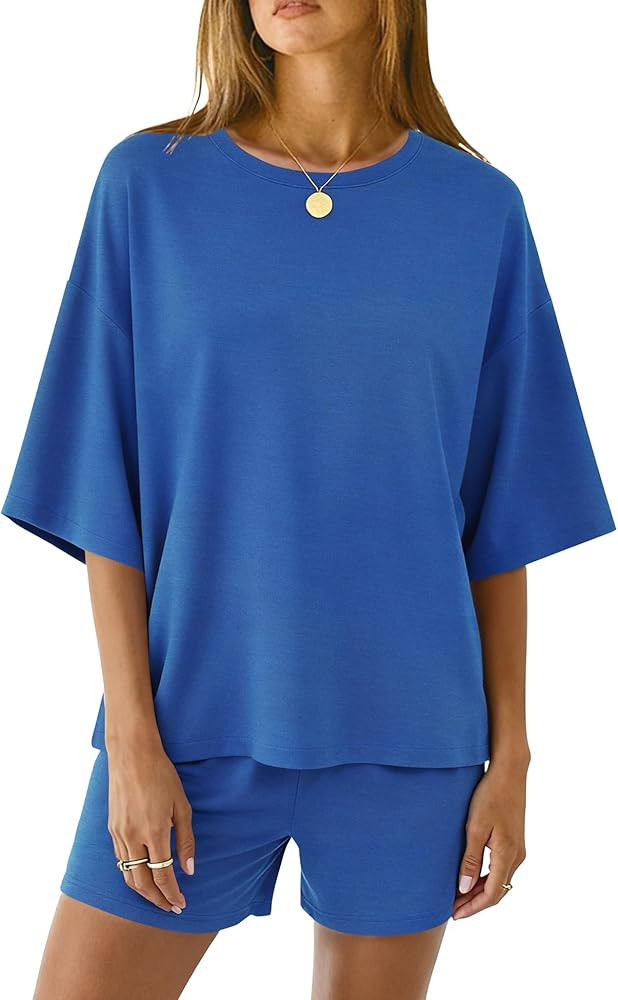 LOMON Two Piece Sets for Women Summer 3/4 Sleeve Tops and Elastic Waist Shorts Pajamas Cute Comfy... | Amazon (US)