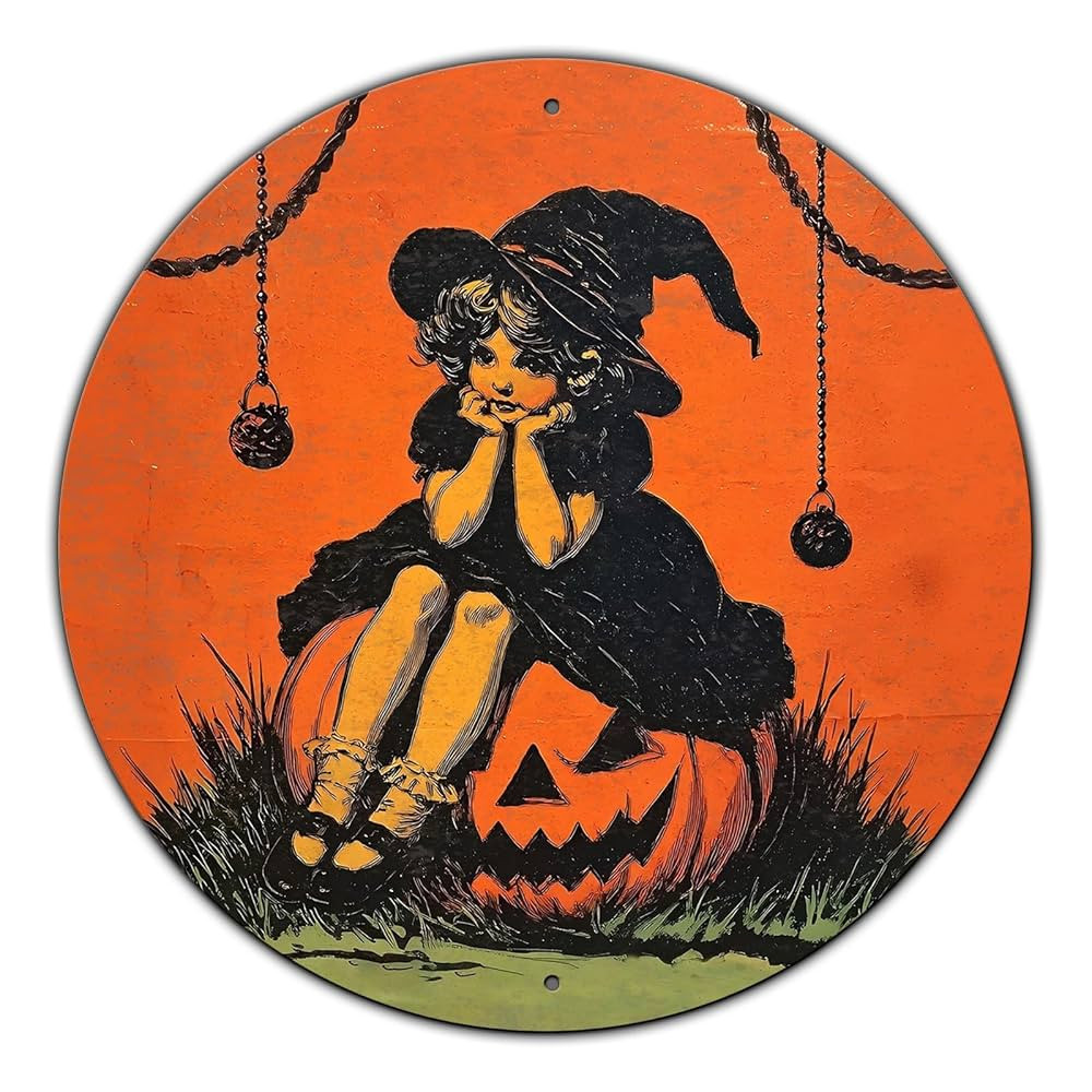 Vintage Halloween Tin Sign - Little Girl Sitting on Pumpkin Round Metal Wall Art for Haunted Hous... | Amazon (US)