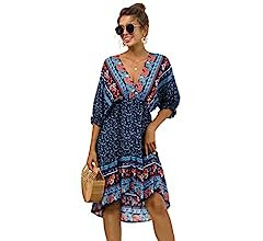 Anna-Kaci Womens Bohemian Floral Print Dress V Neck Open Back Ruffle Short Sleeve Midi Dress | Amazon (US)