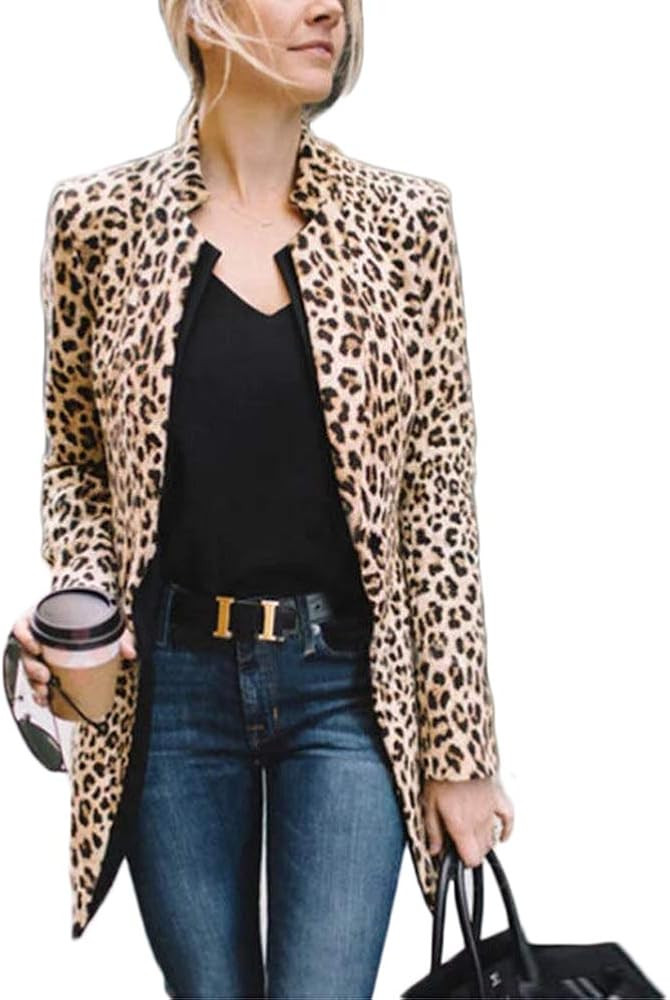 Women Long Sleeve Leopard Print Cardigan Open Front Long Blazer Casual Outwear Coat Jacket | Amazon (US)