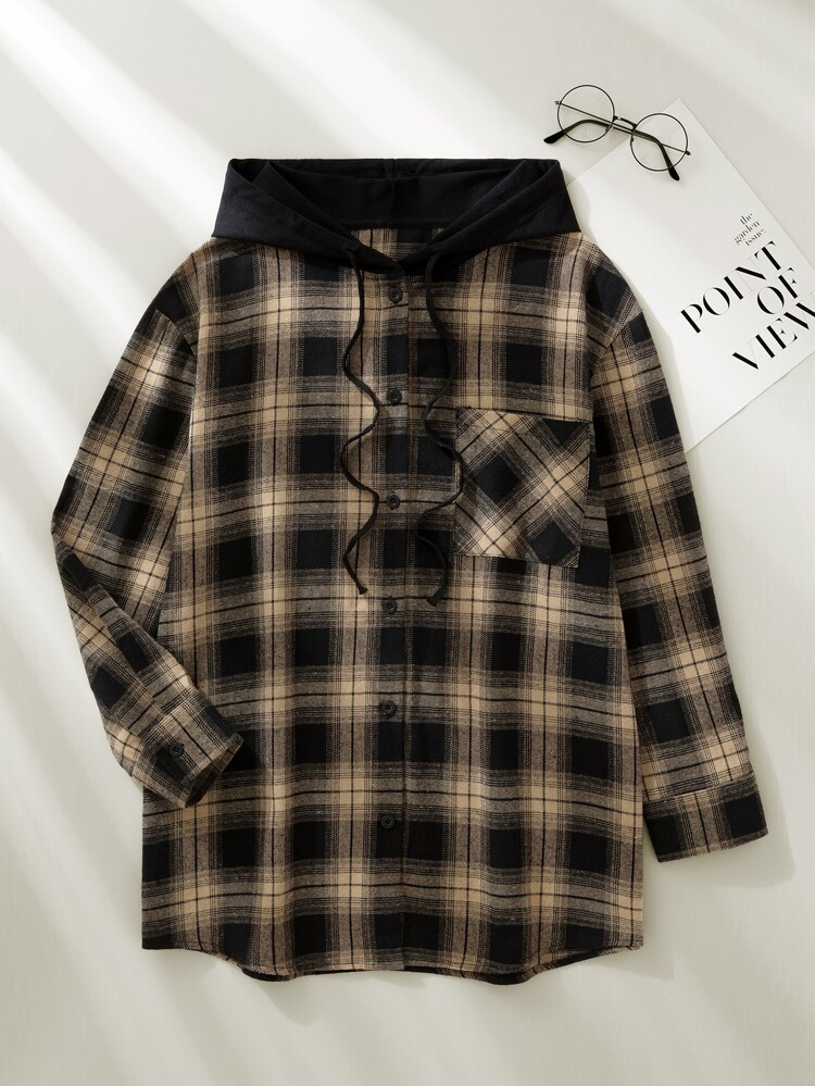 Plaid Print Drawstring Hooded Shirt | SHEIN