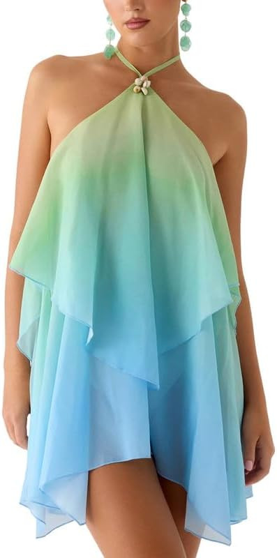 ROAONOCOMO Women Ruffle Halter Neck Mini Dress Mock Neck Open Back Tiered Dress Y2K Mesh Layered ... | Amazon (US)