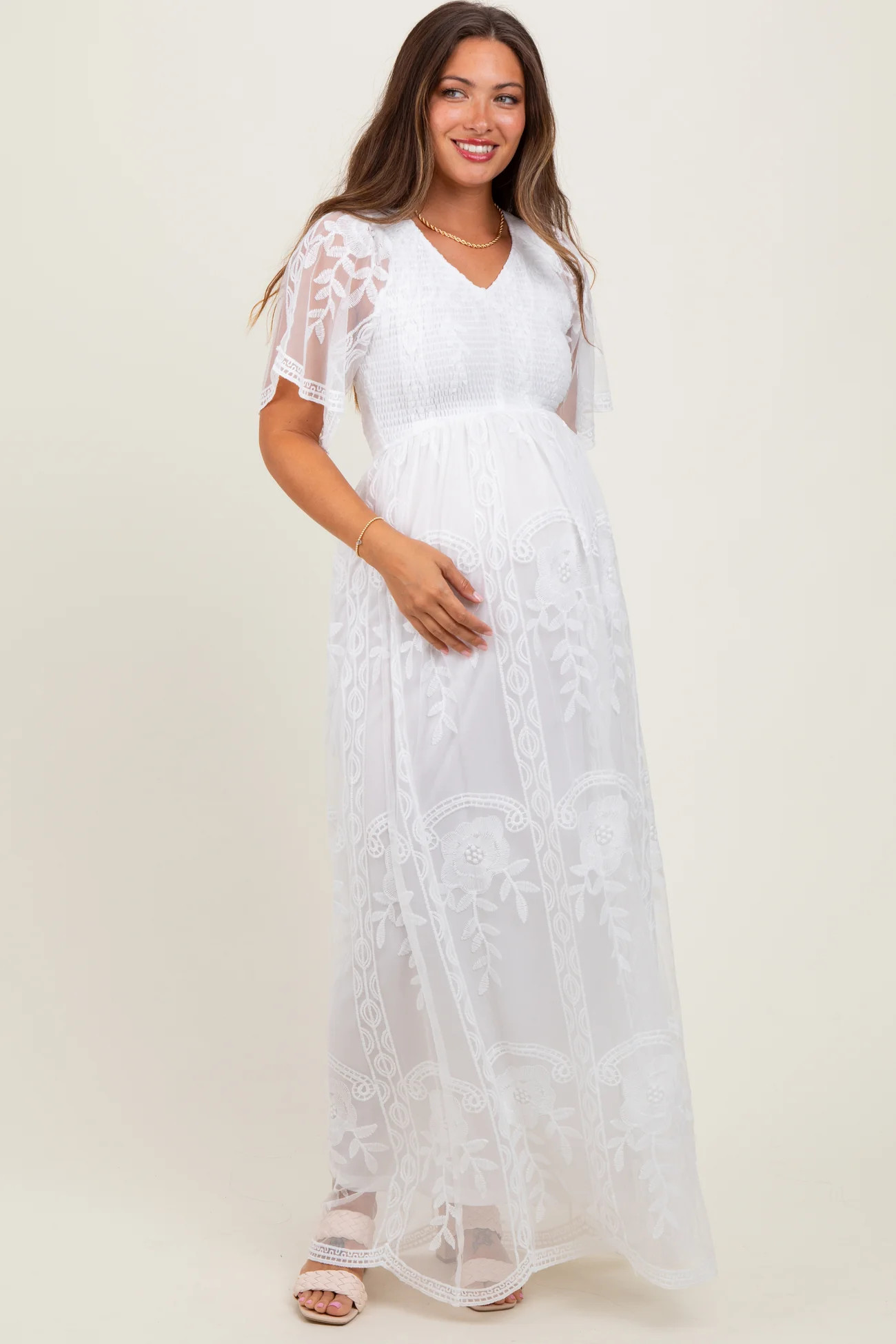 White Smocked Top Lace Maternity Maxi Dress | PinkBlush Maternity