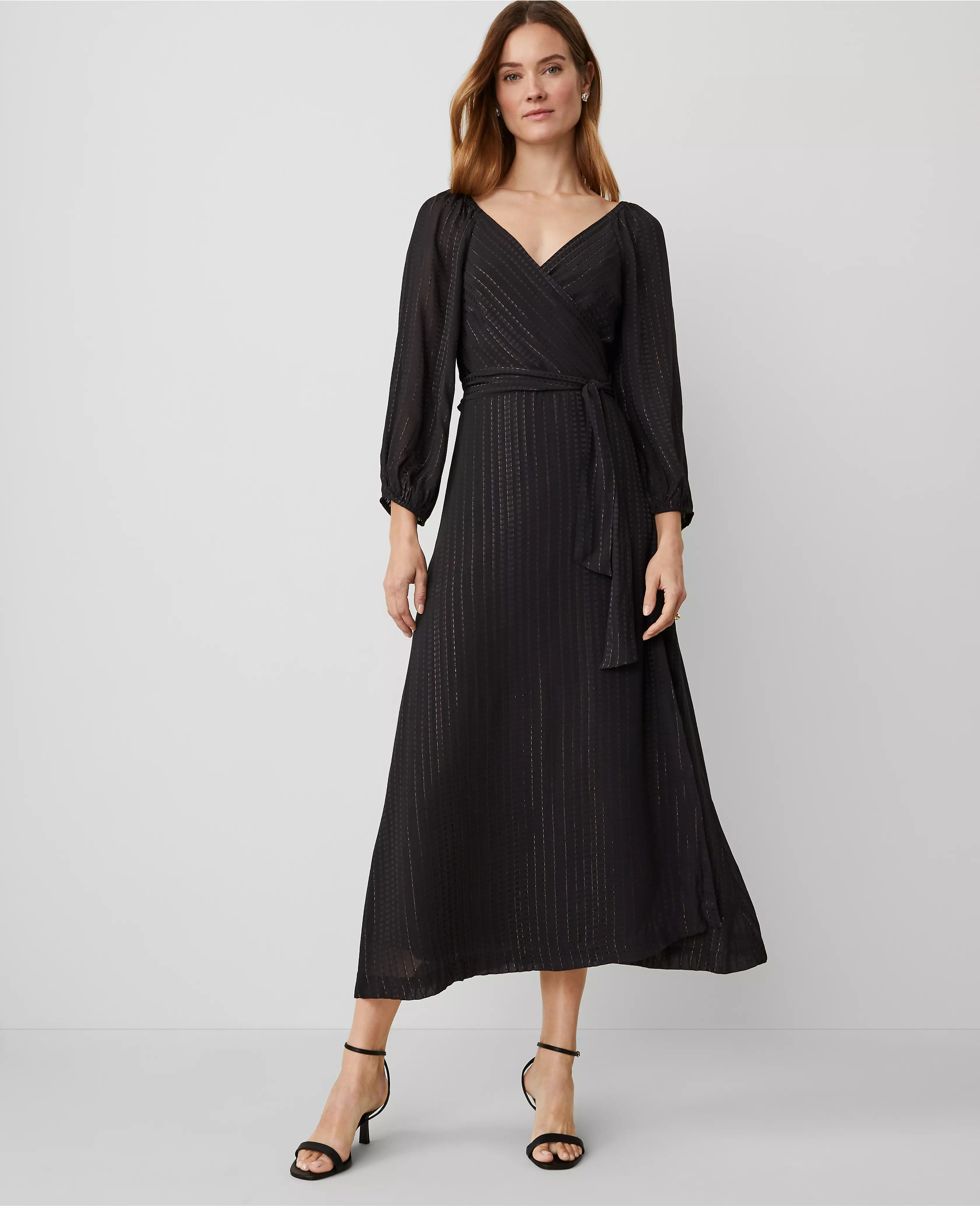 Metallic Stripe Midi Wrap Dress | Ann Taylor (US)