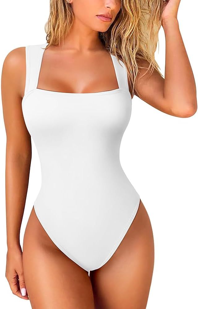 HYZ Women's Summer Sexy Tank Sleeveless Square Neck Strappy Basic Party One Piece Bodysuit | Amazon (US)