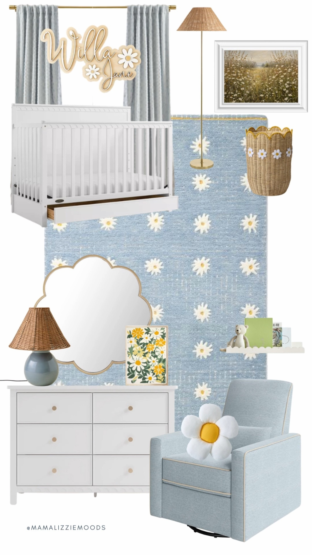 🌼 Daisy Meadow Nursery Mood Board ✨
A cozy modern baby room design full of cheerful daisy details! Soft blue tones, natural rattan textures, and playful floral accents create a nursery that feels both timeless and sweet. Featuring a daisy rug, woven basket, cozy glider with a daisy pillow, and simple white furniture — this look is fresh, bright, and full of charm.

baby room, daisy nursery, cozy modern nursery, baby girl’s nursery room, floral nursery, modern baby room, cozy baby room ideas, nursery mood board, baby girl nursery decor, flower nursery ideas, blue nursery, whimsical baby room

#LTKHome #LTKBaby #LTKBump