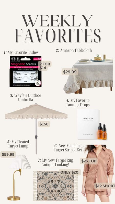 Linking up things I’m loving these week/ weekly favorites. 

My go to lashes, cute new Amazon tablecloth, amazing outdoor umbrella from wayfair, best tanning drops for your face, Target lamp, Target matching set, Target new antique rug! 

#LTKsalealert #LTKhome #LTKfindsunder50