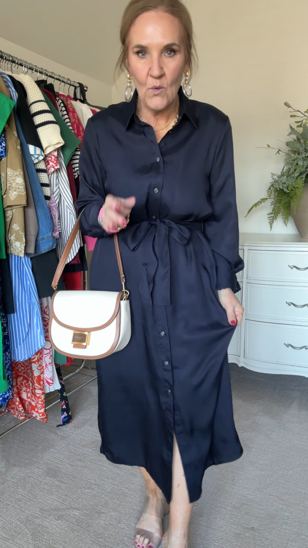 Satin Shirtdress size medium 

Beautiful classy shoes that are leg lengthening true to size 
Eby bra 15% off code nanettefs15
Allie Bess 20% off code NANETTE20
Linking a similar bag. Sane leather and brand just diff shape 

Navy dress work dress, Banana Republic factory

#LTKFindsUnder100 #LTKOver40 #LTKSaleAlert