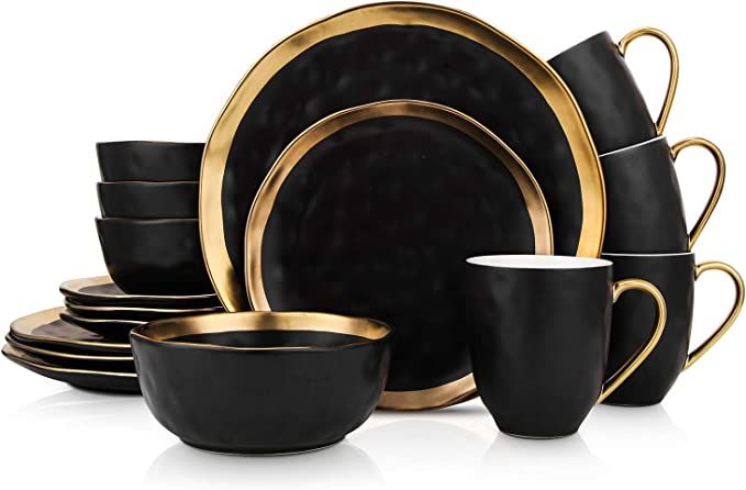 Stone Lain Porcelain 16 Piece Dinnerware Set, Service for 4, Black and Golden Rim | Amazon (US)