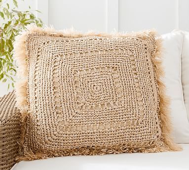 Faux Natural Fiber Crochet Fringe Indoor/Outdoor Pillow | Pottery Barn (US)