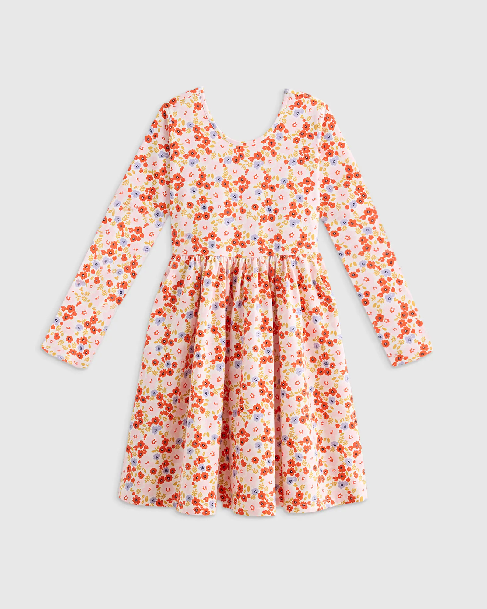 Girl's Organic Cotton Long Sleeve Skater Dress  in Pink Poppy Floral | Quince
