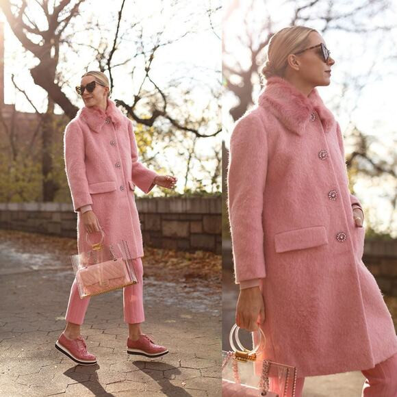 Kate Spade Tulip Pink Faux Fur Collar Crystal Button Front Wool Blend Coat sz 2 | Poshmark