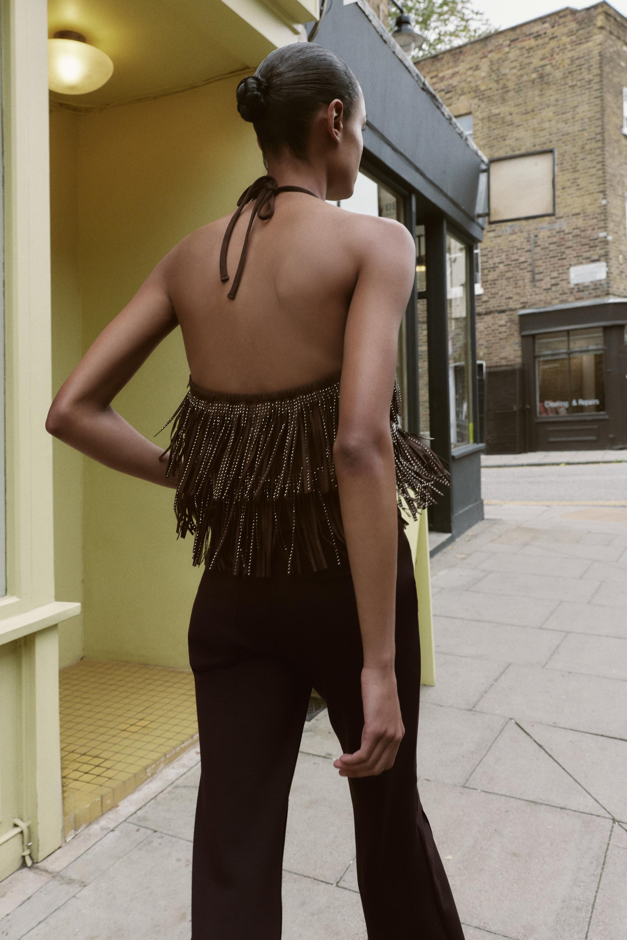 SHIMMER FAUX SUEDE FRINGE TOP | Zara US