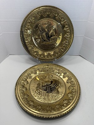 Vintage Hammered Brass Sailing Ship Wall Plate Plaque 12” Diameter England Set 2 | eBay | eBay US