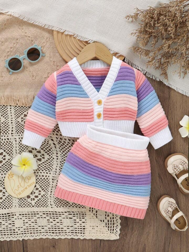 Baby Girl Dreamy Rainbow Sweater Set, Featuring Warm Color-Blocking Design, Fashionable Long Slee... | SHEIN