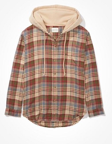 AE Oversized Plaid Hooded Button-Up Shirt | American Eagle Outfitters (US & CA)