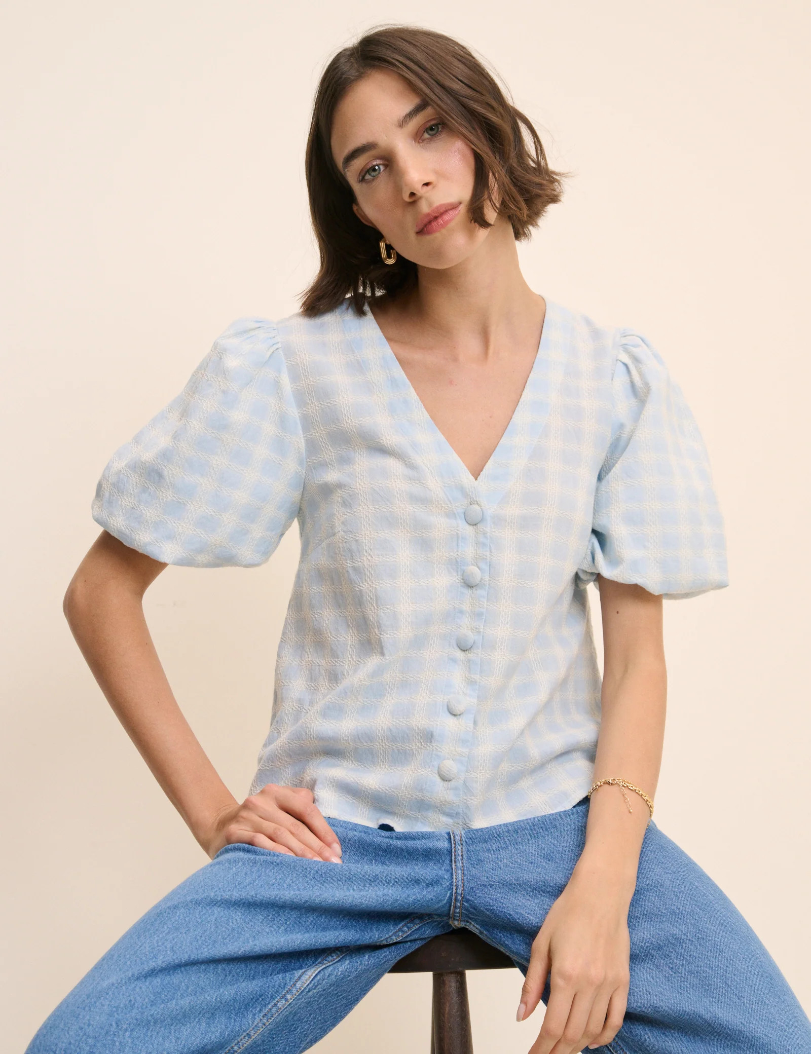 Blue Gingham Puff Sleeve Top | Nobody's Child