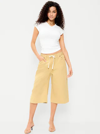 Mid-Rise Baggy Drawstring Wide-Leg Culotte Pants | Old Navy (US)