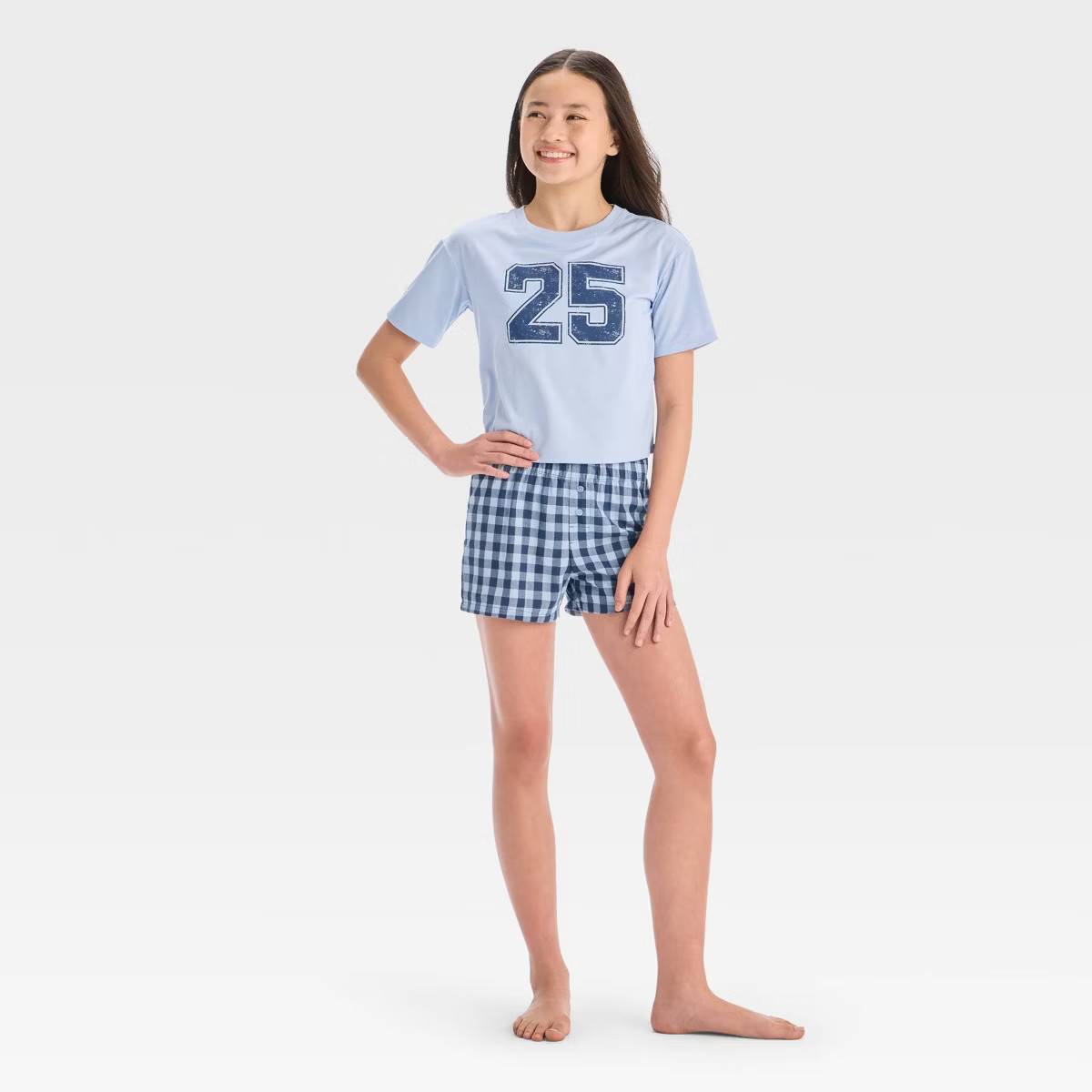 Girls' 2pc Short Sleeve Gingham Graphic T-Shirt & Boxer Shorts Pajama Set - art class™ Blue M: ... | Target