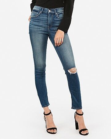 high waisted ripped jean ankle leggings | Express