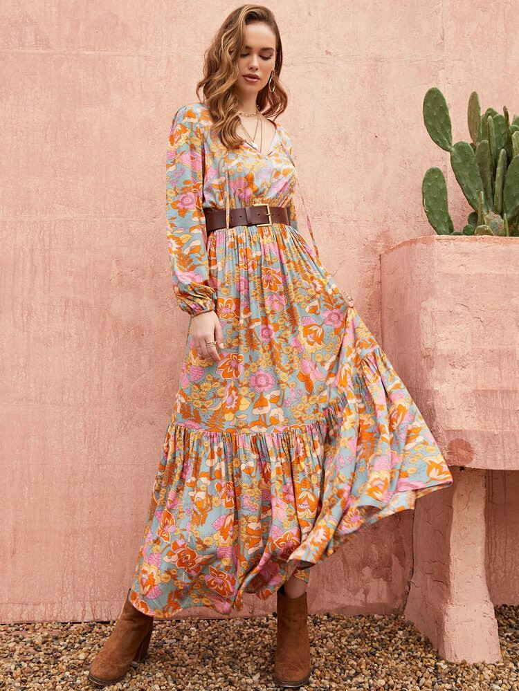 Rusttydustty Paisley Print Shirred Waist Ruffle Hem Dress Without Belt | SHEIN