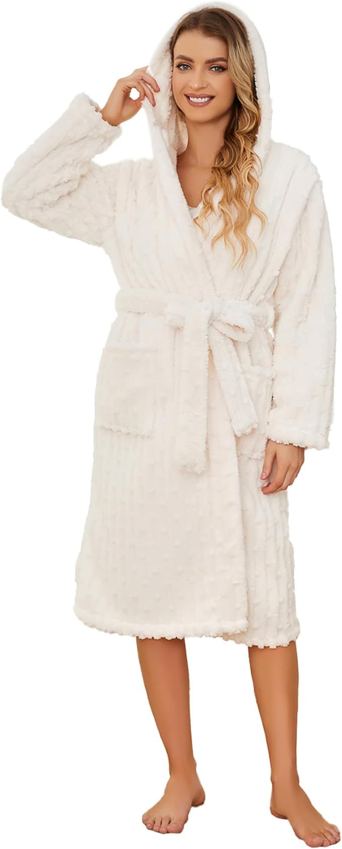 HEARTNICE Fuzzy Soft Robes for Women, Long Plush Hooded Robe Fluffy Warm Bathrobes | Amazon (US)