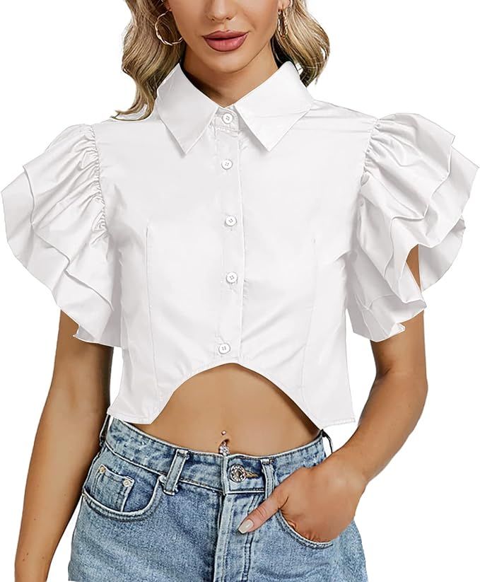 Rooscier Women's Ruffle Short Sleeve Irregular Hem Button Down Crop Top Blouse Shirt | Amazon (US)