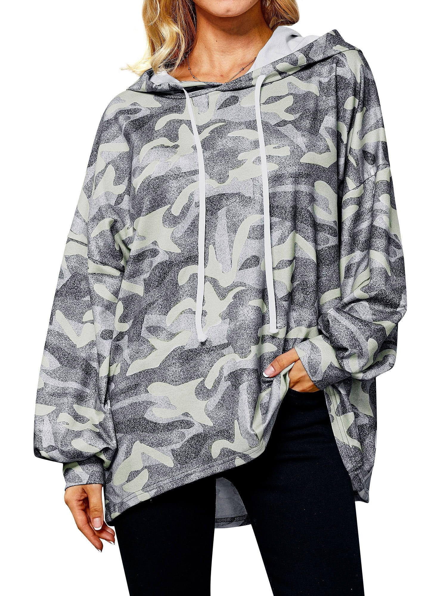 Nlife Women Camouflage Print Drawstring Lantern Long Sleeve High Low Hem Hooded Top - Walmart.com | Walmart (US)