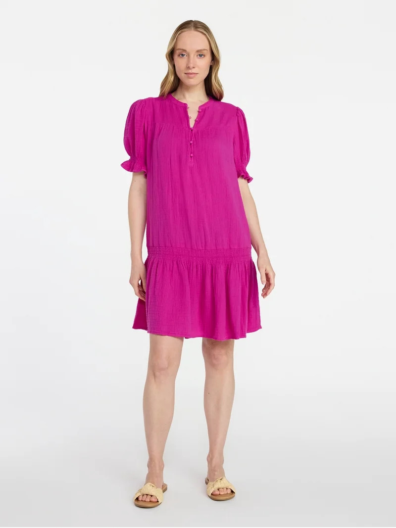 Time and Tru Women's Cotton Double Cloth Mini Dress with Drop Waist, Sizes XS-XXXL | Walmart (US)