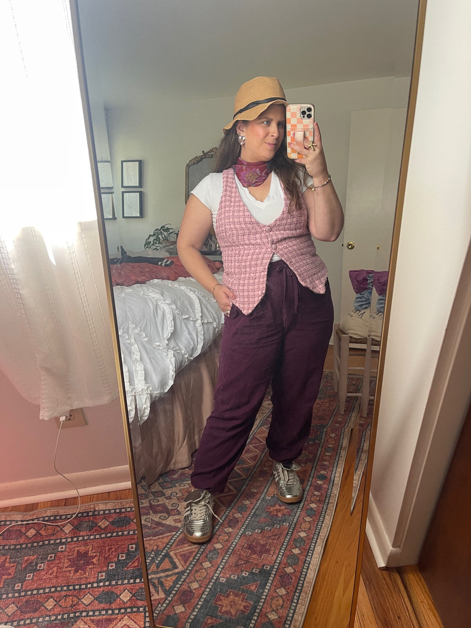 This pink and purple tweed vest is so on trend for fall. There’s some cute vests from Abercrombie, Anthropologie, & Shop Bop. The white tee from Universal Standard is such a classic. Love the v neck & cap sleeves. Fits true to size. The linen joggers are casual but chic from Universal Standard. Wearing my normal size. These Steve Madden metallic sneakers are my go to for the fall! Love the style & wearing my normal size. A bandana and hat are the perfect accessories!!



#LTKSeasonal #LTKStyleTip #LTKShoeCrush