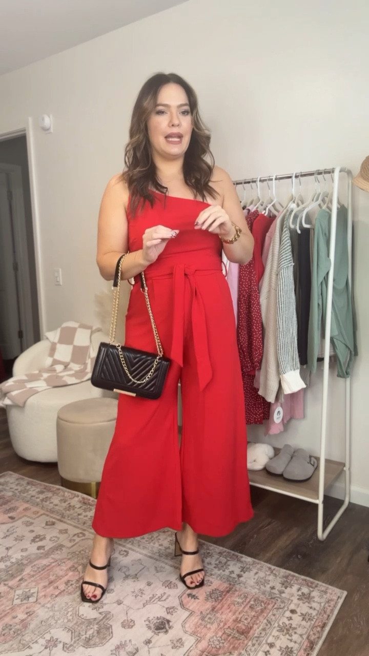Red jumpsuit with pockets and tie waist // Valentine’s Day look / Vday outfit ideas / galentines day look / going out outfit - size 10/lg / midsize - 5 foot 7 inches - wearing size large

#LTKstyletip #LTKmidsize #LTKfindsunder50