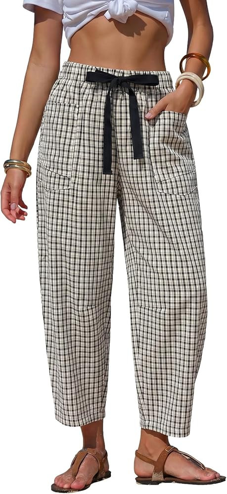 EXLURA Womens Summer Faux Linen Striped Barrel Pants Comfy Drawstring Capri Pant with Pockets Bea... | Amazon (US)