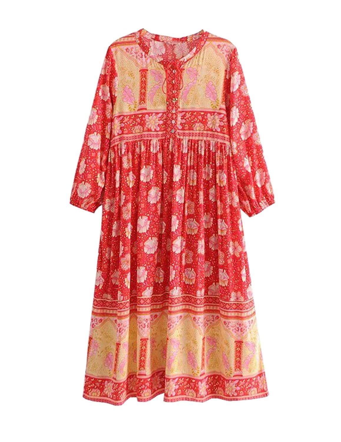 R.Vivimos Women Spring 3/4 Sleeve Cotton Floral Print Button Up Boho Casual Midi Dresses | Amazon (US)