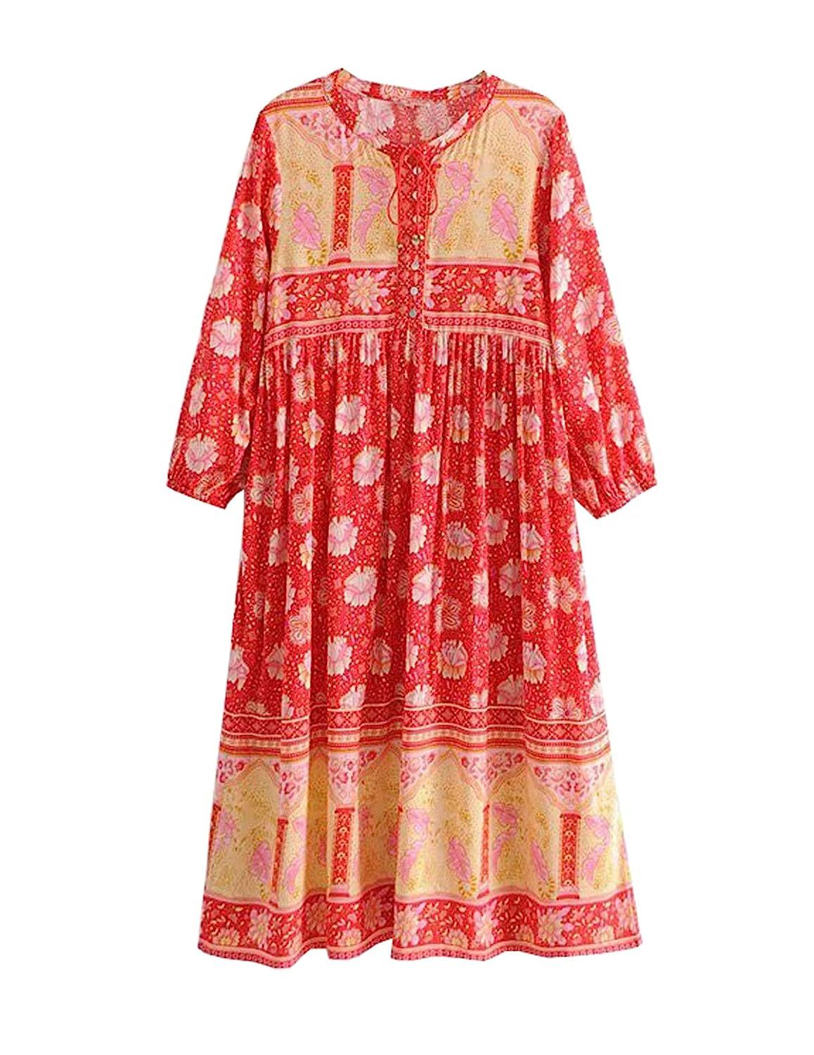 R.Vivimos Women Spring 3/4 Sleeve Cotton Floral Print Button Up Boho Casual Midi Dresses | Amazon (US)