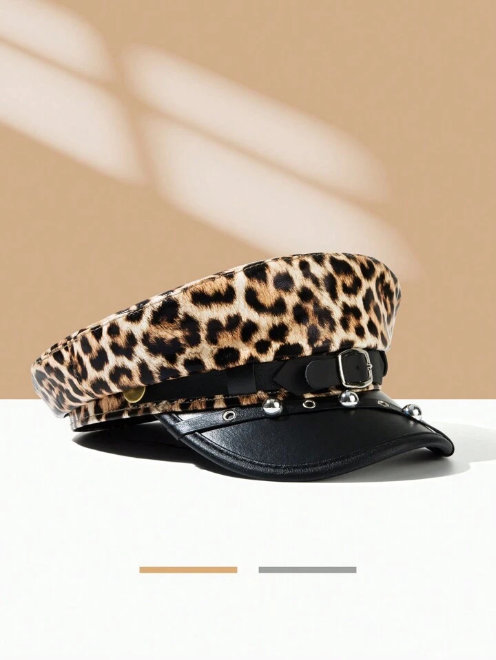 1pc Leopard Print Leather Beret Hat With Rivet Decor & Adjustable Belt Buckle, Suitable For Autum... | SHEIN