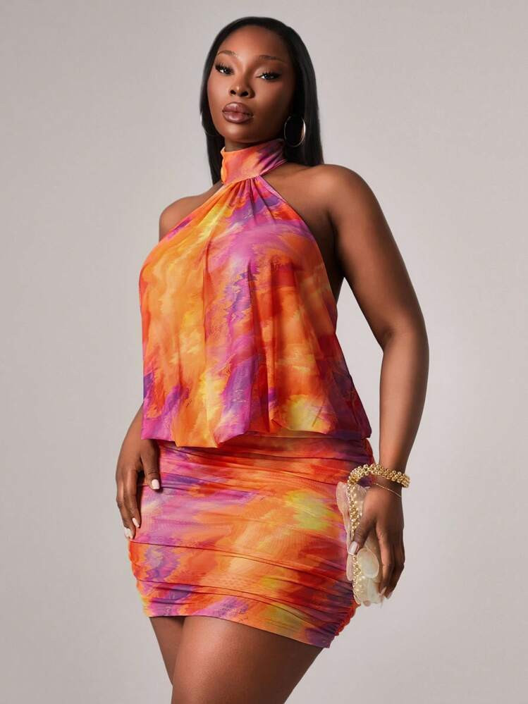 Radiana Plus Size Women's Spring/Fall Tie-Dye Print Halter Top And Pleated Bodycon Skirt Fashion ... | SHEIN