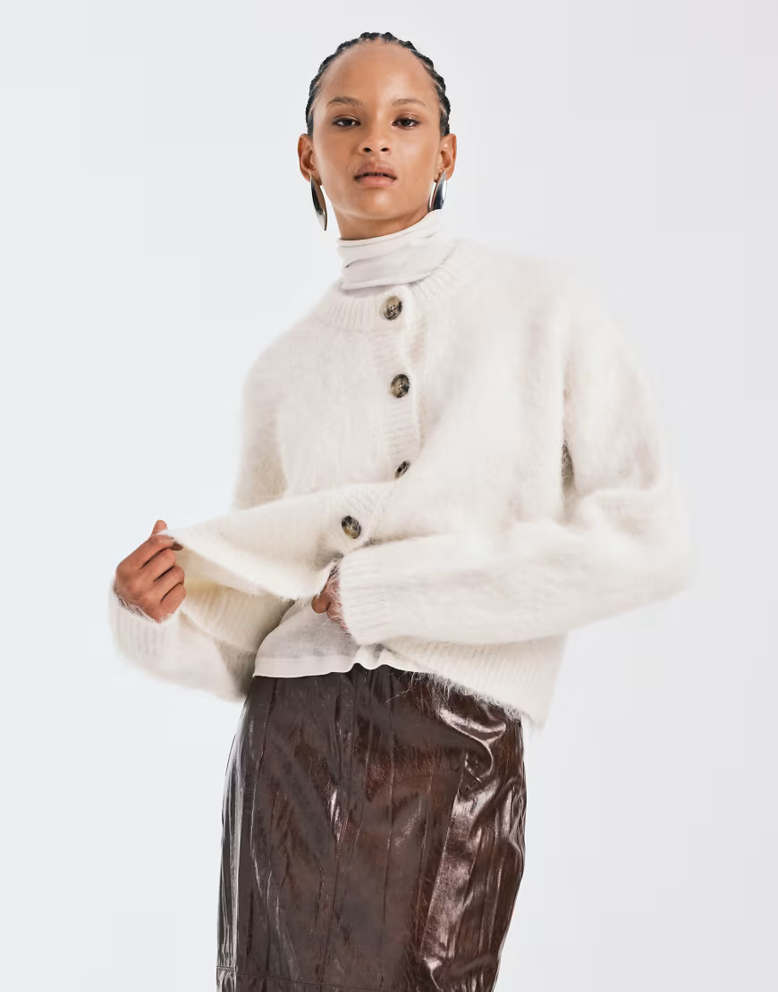 ASOS DESIGN chunky premium alpaca blend cardigan in cream-White | ASOS (Global)