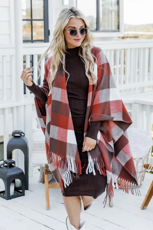 Chat With Me Rust Plaid Poncho | Pink Lily