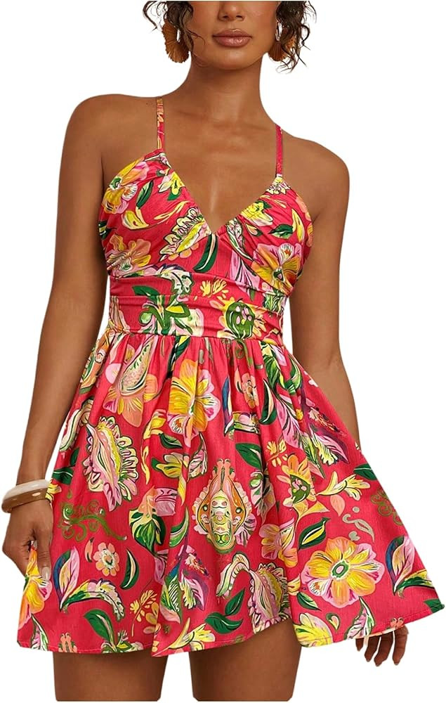 Floerns Women's Boho Tropical Mini Dress Spaghetti Strap Criss Cross Tie Back Summer Dresses | Amazon (US)