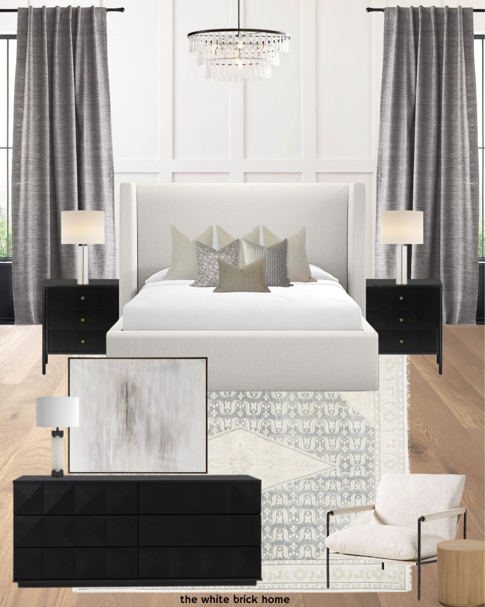 A neutral bedroom design with shades of gray and a beautiful carved dresser from Wayfair 🖤

Bedroom, bed, nightstand, dresser, area rug, rug, bedroom decor, modern wall art, curtains, accent wall, upholstered bed, table lamp, wayfair lamp, wall decor, accent chair, accent table, side table, throw pillows, chandelier, bedroom lighting, bedroom lamps, bedroom decor, bedroom lights, McGee and co, pottery barn, crate and barrel, bedroom design, crate and barrel bedroom, McGee and co bedroom, pottery barn bedroom, curtains. 

#LTKHome #LTKStyleTip #LTKSaleAlert