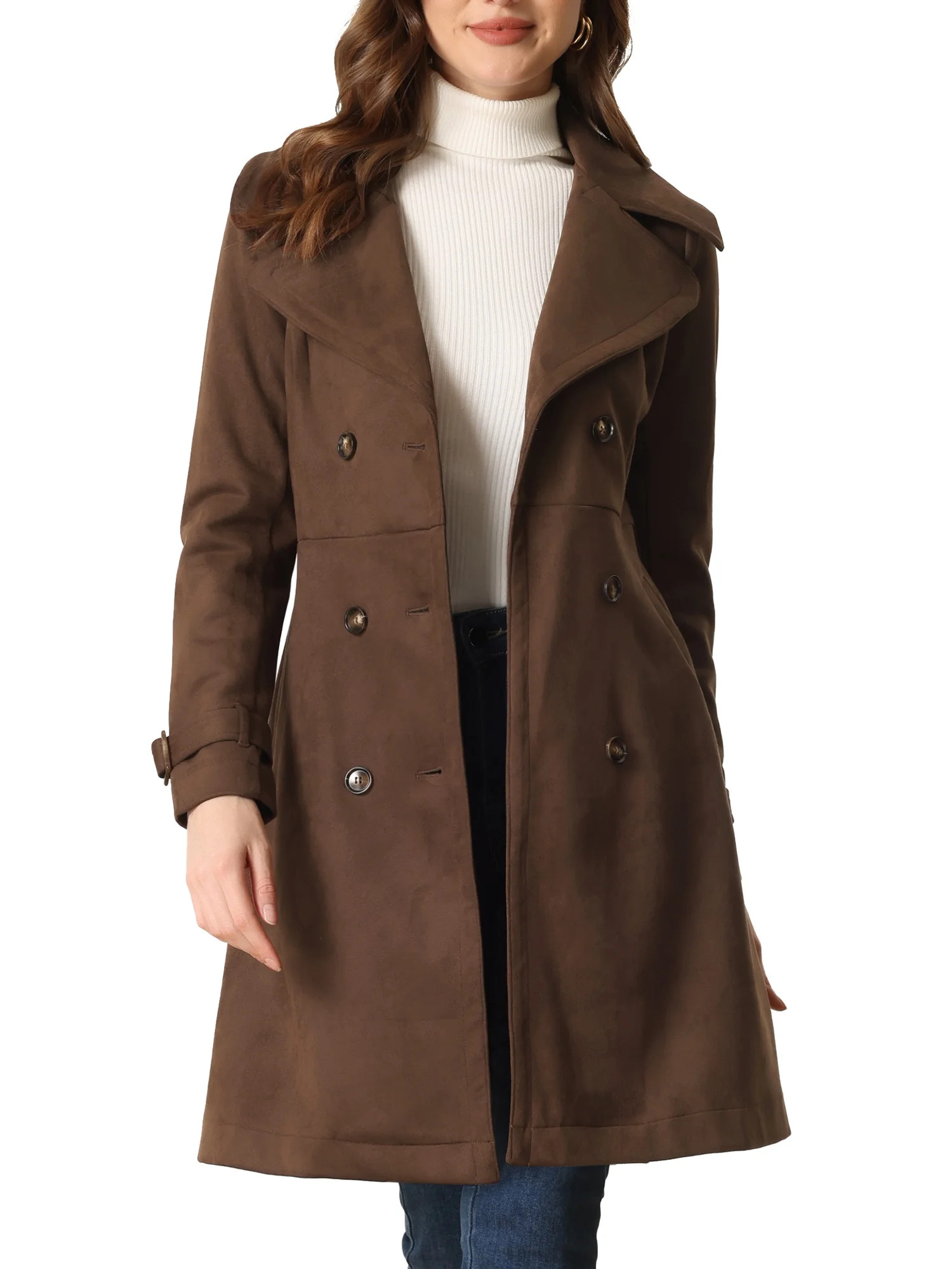 Allegra K Women's Faux Suede Notched Lapel Strap Cuff Solid Double Breasted Tie Belt Trench Coats | Walmart (US)