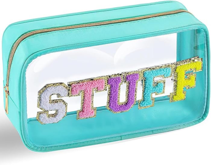 Chenille Letter Clear Makeup Bag Nylon Preppy Patch Stuff Cosmetic Bag with Zipper Large Clear Tr... | Amazon (US)
