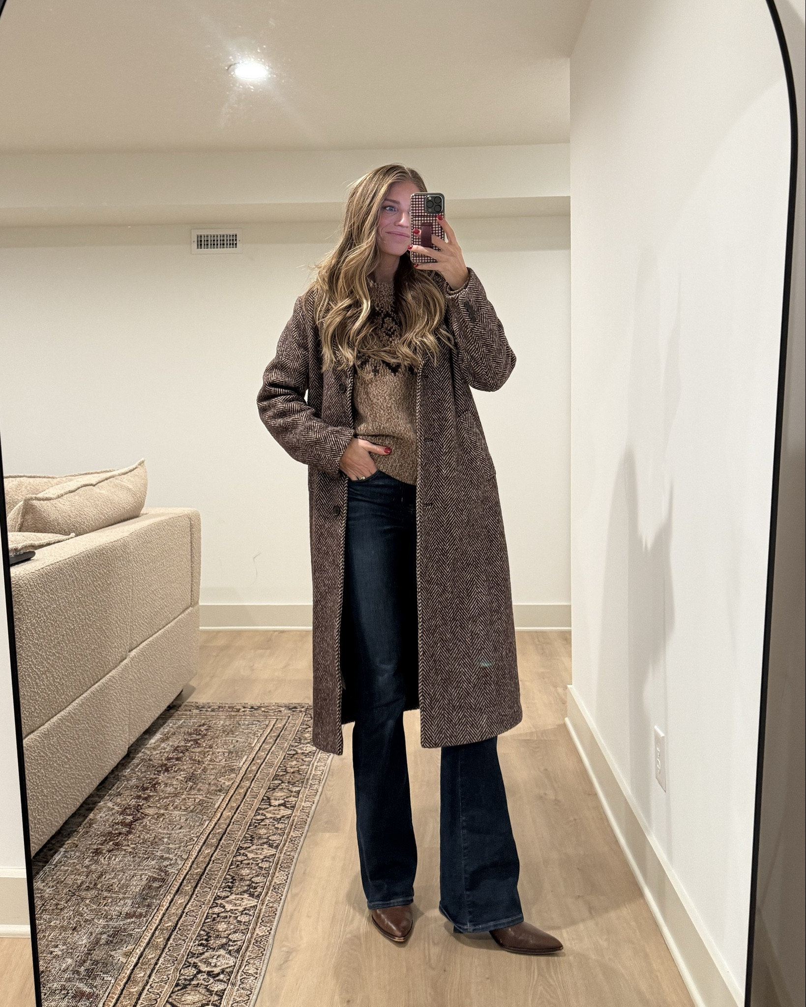 Medium in sweater and got my true size 27 long in jeans. SUPER stretchy and suprisingly stretches easily for the bump. 
Medium tall in coat to layer thick sweaters under 


J. Crew, bootcut jeans, tall girl friendly, tall sizes, long inseam jeans, bump friendly, fair isle sweaterr 

#LTKHoliday #LTKTall #LTKootd