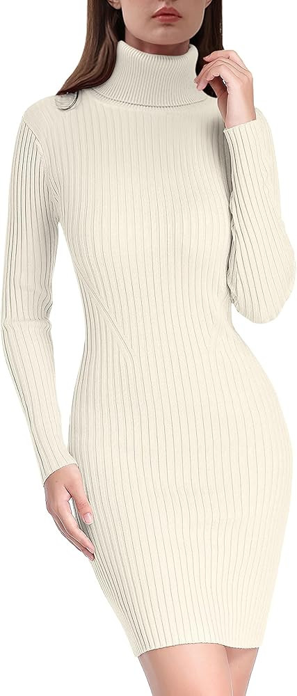 v28 Women Turtleneck Long Sleeve Bodycon Fall Winter Mini Slim Knit Sweater Dress | Amazon (US)