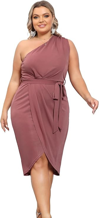 Hanna Nikole Women's Plus Size One Shoulder Bodycon Dresses Glitter Wrap Hem Belted Cocktail Midi... | Amazon (US)