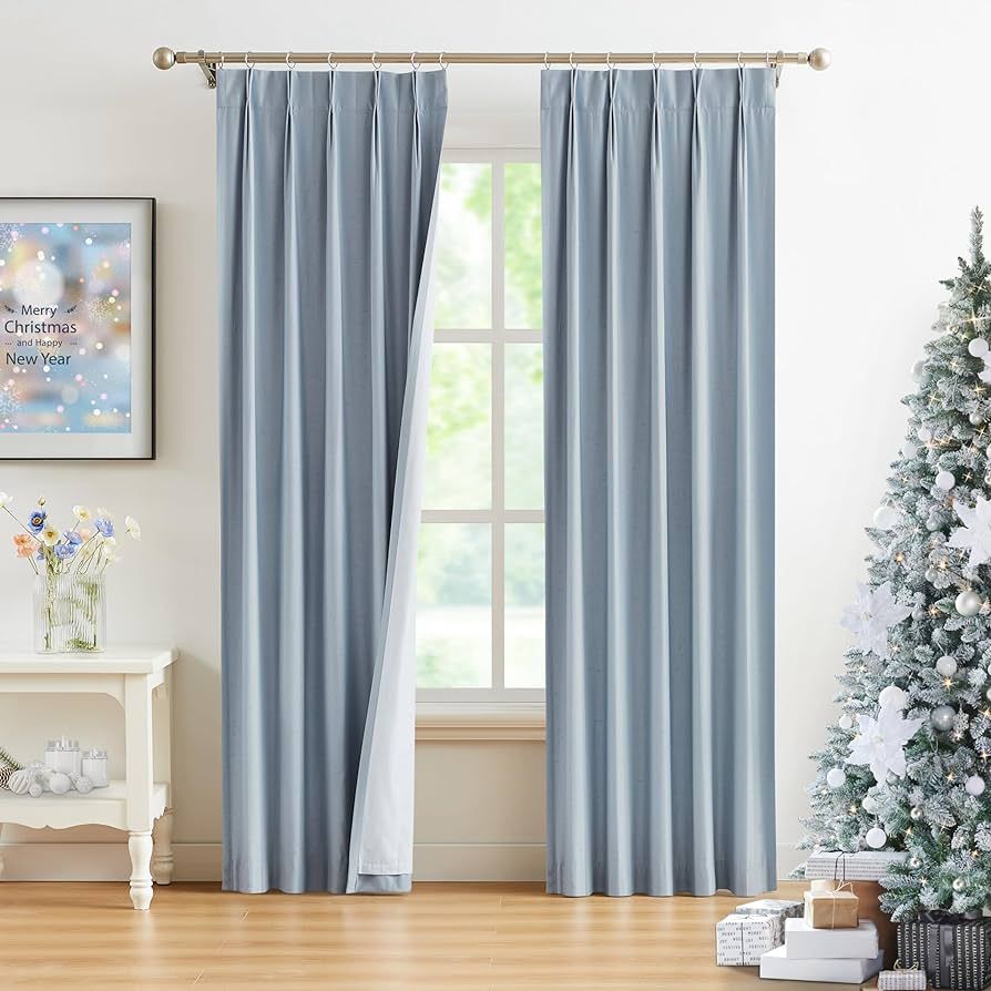 WEST LAKE Light Blue Pinch Pleat Full Blackout Curtain Panels 95 Inches Back Tab Acetate Faux Sil... | Amazon (US)