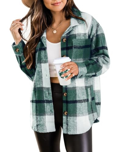 Beaully Women's Flannel Plaid Shirts Long Sleeve Button Down Chest Pocketed Shacket Jacket Coats 6025 Green XX-Large | Amazon (US)