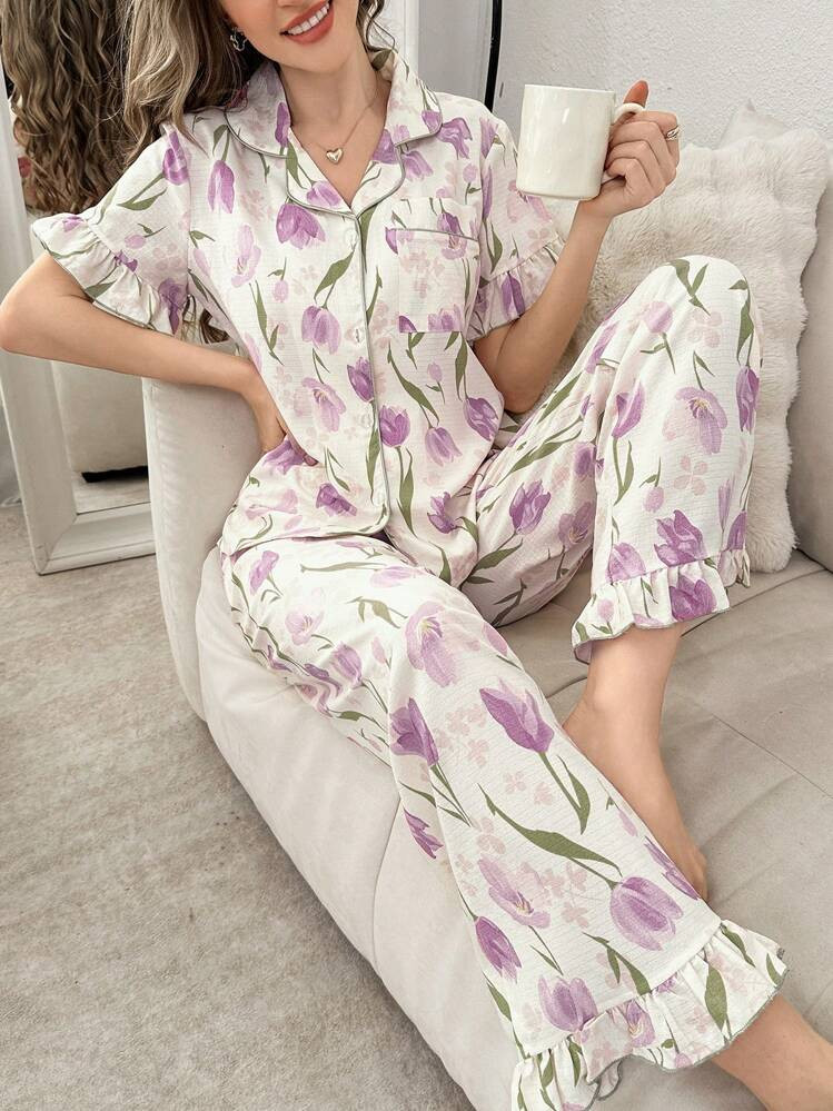 CottageSlumber Women's Floral Print Bubble Gauze Turndown Collar Single-Breasted Short Sleeve Top & Pants Pajamas Set, Spring/Summer | SHEIN